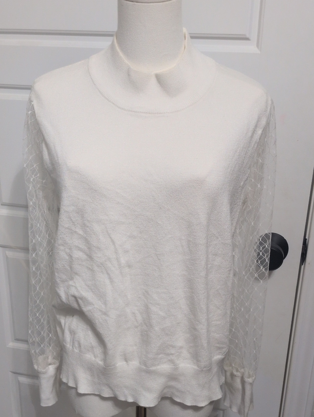 Madison + Hudson Cream Mock Neck Top with Sheer Lace Sleeves